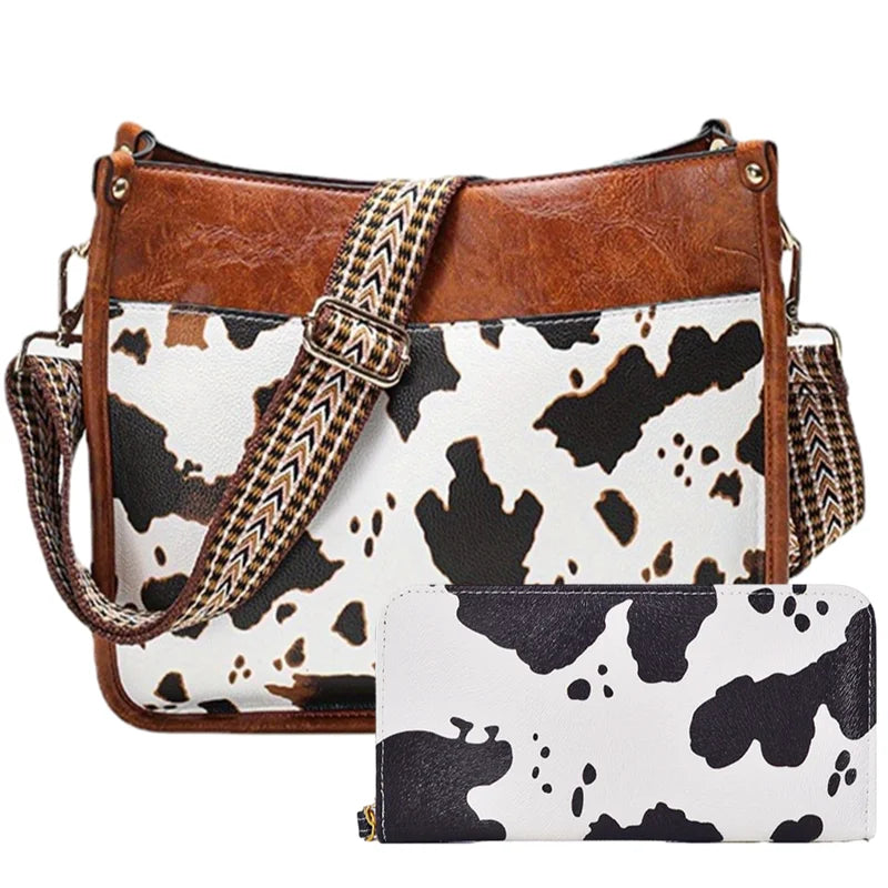 Women's 2Pcs Faux Leather Cow Pattern Shoulder Handbag Purse