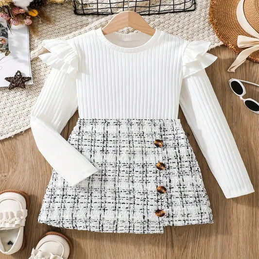 Girls 2Pcs Ruffle Edge Length Sleeve Top Twill Knit Skirt Set