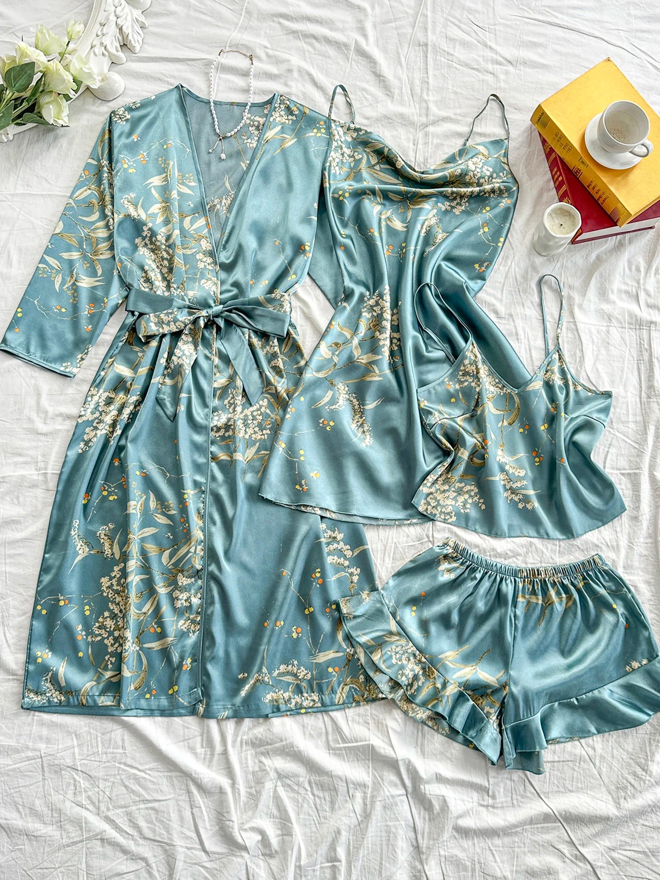 Women's 4Pcs Irregular Cherry Print Comfortable Bathrobe Halter Shorts Pajama Set