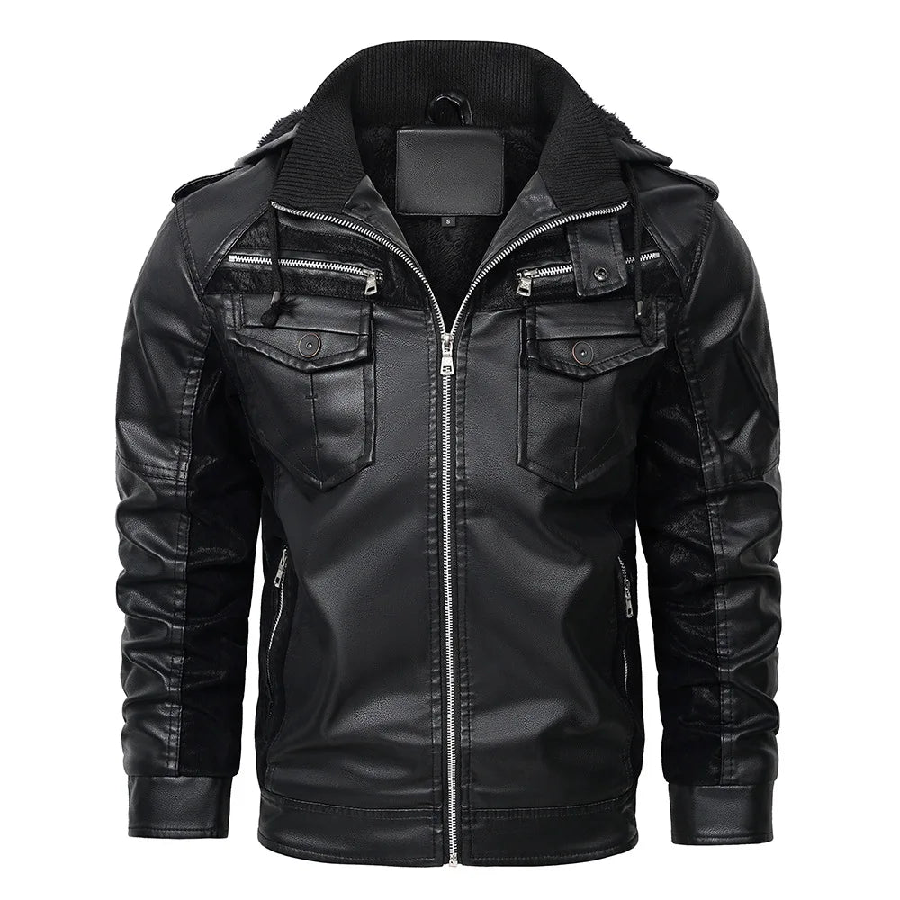 Men's Fur Leather Hooded Zipper Biker Jacket