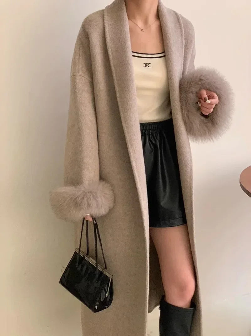 Women's Long Fur Woolen Double Sided Cashmere Coat