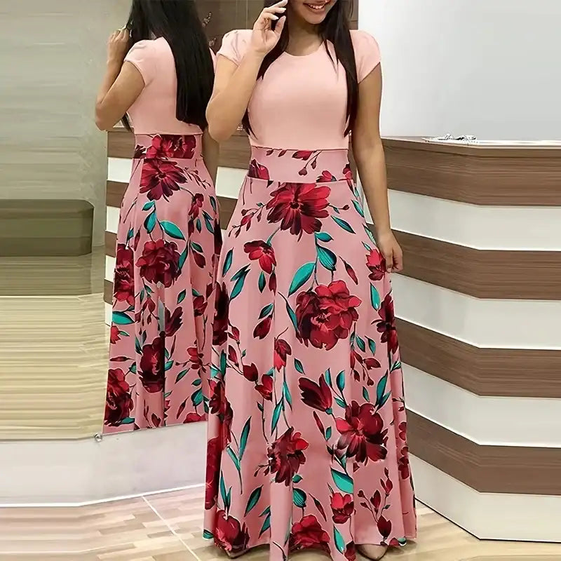 Women's Short Sleeve Slim Waist Pleated Maxi Dress