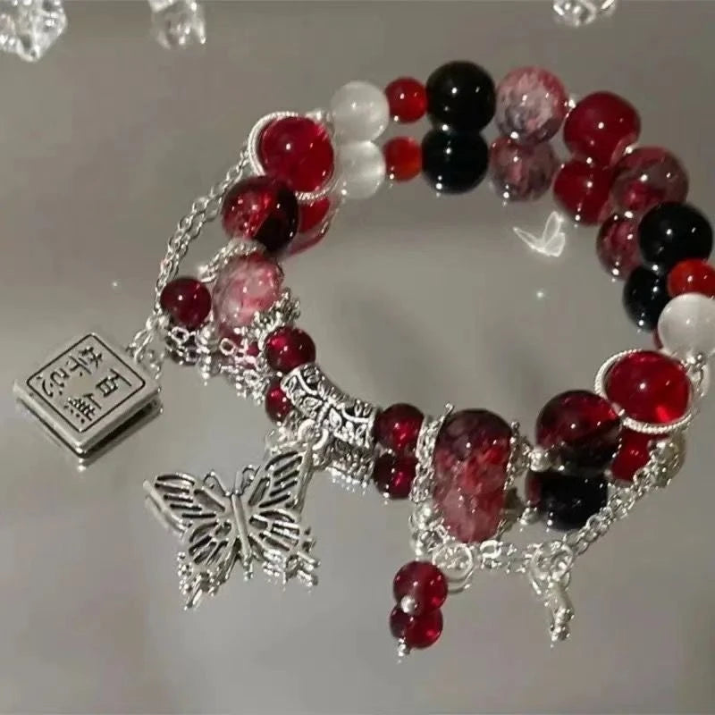 Women's Beaded Red Crystal Feather Pendant Bracelet