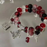 Women's Beaded Red Crystal Feather Pendant Bracelet