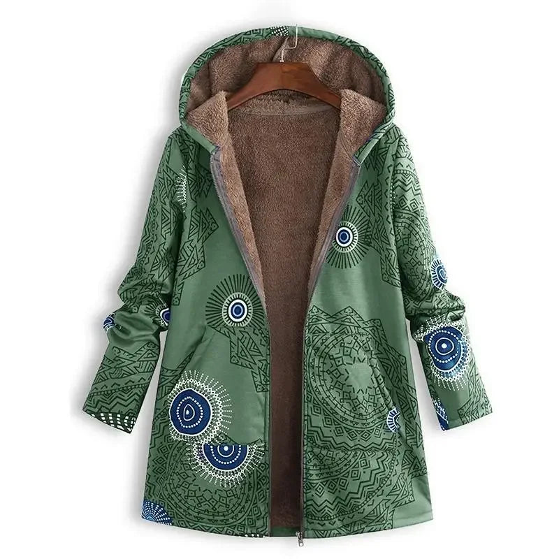 Women's Printed Hooded Long Sleeve Vintage Coat