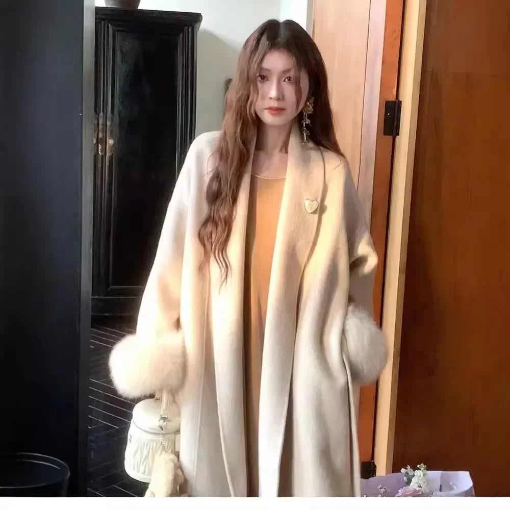 Women's Long Fur Woolen Double Sided Cashmere Coat
