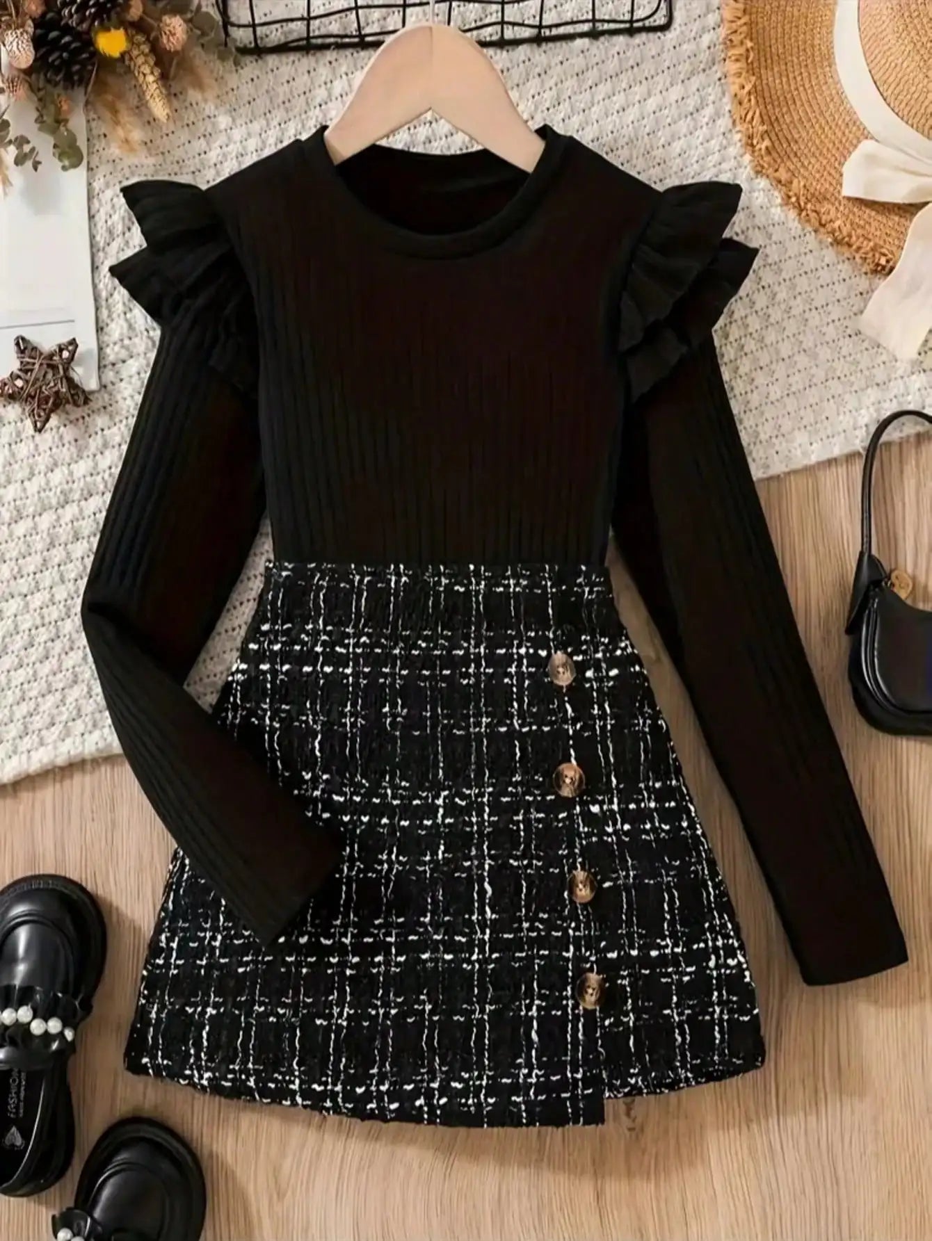 Girls 2Pcs Ruffle Edge Length Sleeve Top Twill Knit Skirt Set