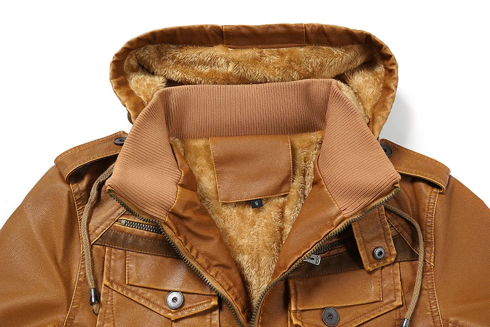 Men's Fur Leather Hooded Zipper Biker Jacket