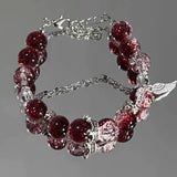 Women's Beaded Red Crystal Feather Pendant Bracelet