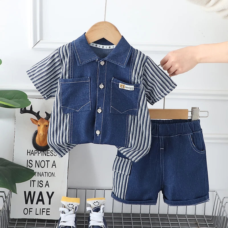 Kids' 2Pcs Denim Striped Shirt Short Suit Set