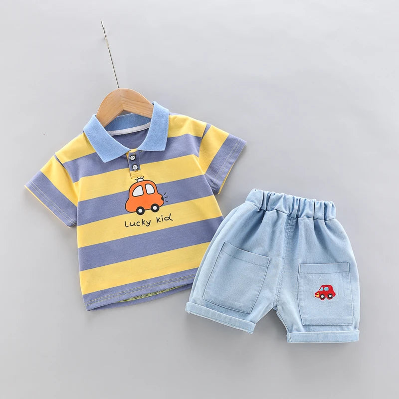 kids' 2Pcs High Quality Polo Shirt Denim Short Set