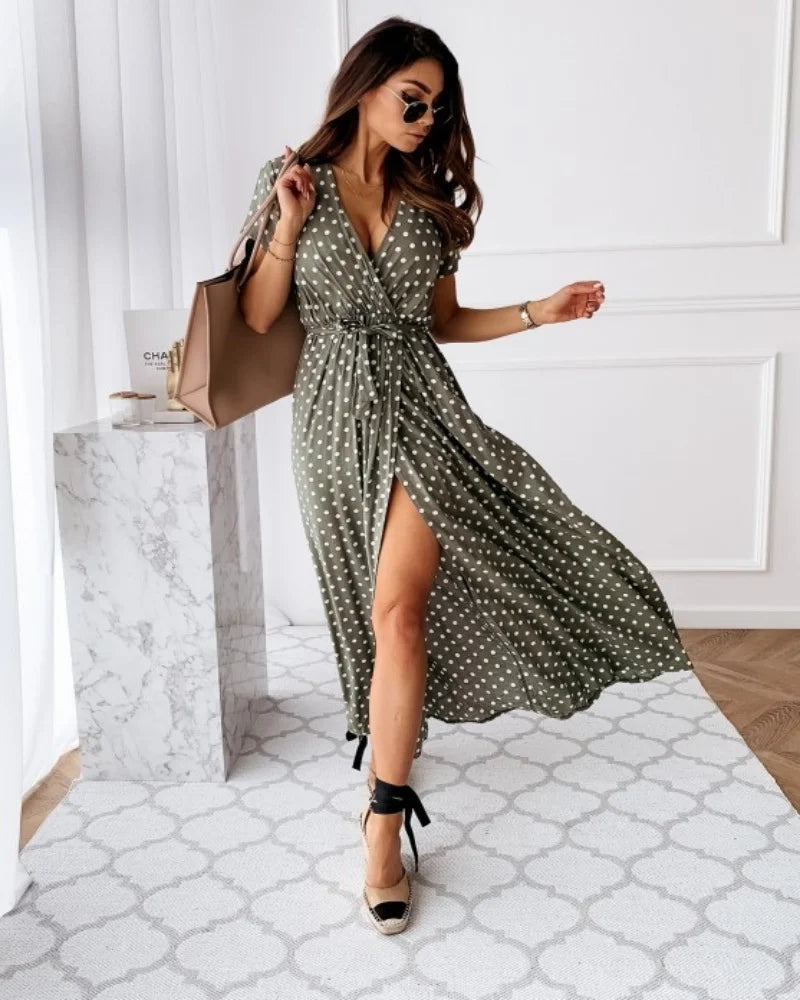 Women's Short Sleeve V-Neck Polka Dot Split Boho Dress
