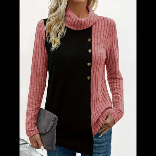 Women's Long Sleeve Ribbed Color Turtleneck  Top T-Shirt