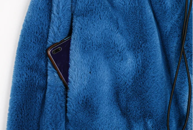 Women's Fluffy Faux Fur Hood Drawstring Waist Zip Up Coat