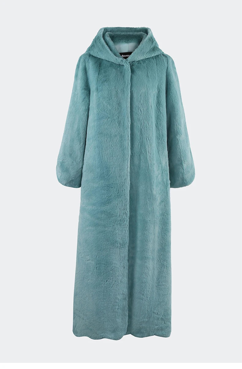 Women's Long Soft Fluffy Faux Rex Rabbit Fur Coat