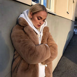 Women's Oversized Lapel Belted Faux Rabbit Fur Coat