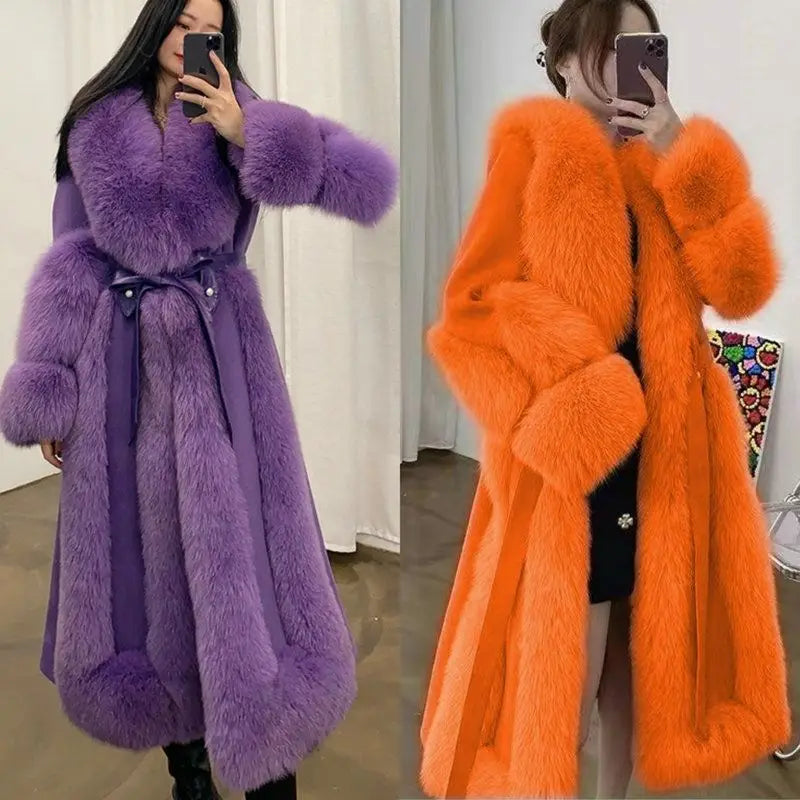 Women's Long Loose  Wool Faux Fur Coat