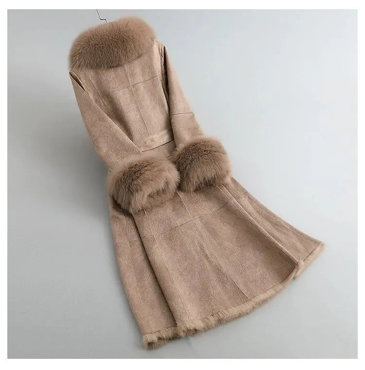Women's Mid Length Rabbit Fur Fox Fur Collar Slim Fit Coat
