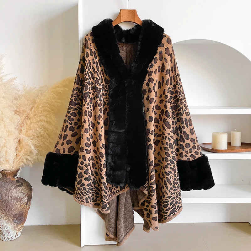 Women's Thick Warm Leopard Cloak Poncho Coat