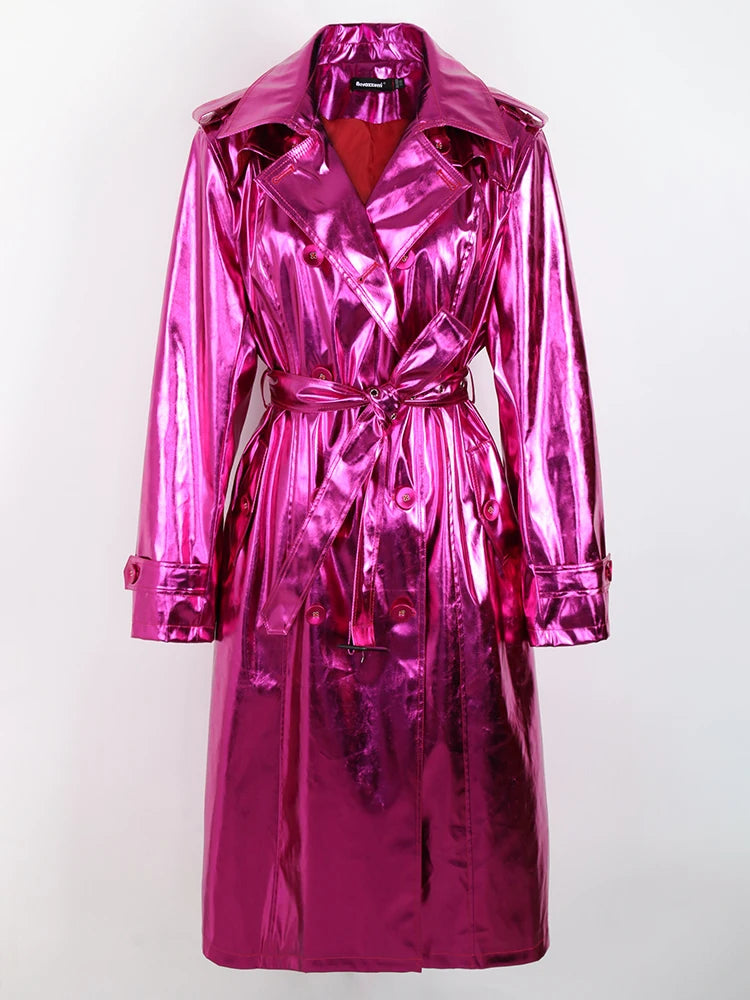 Women's Long Shiny Reflective Patent Leather Trench Coat