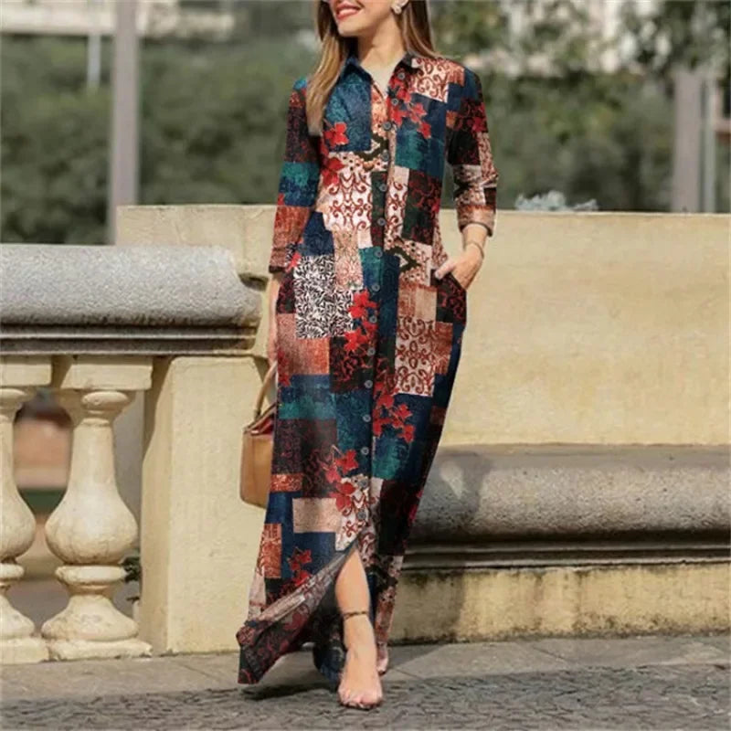 Women's Patchwork Printed Loose Long Lapel Buttons Dress