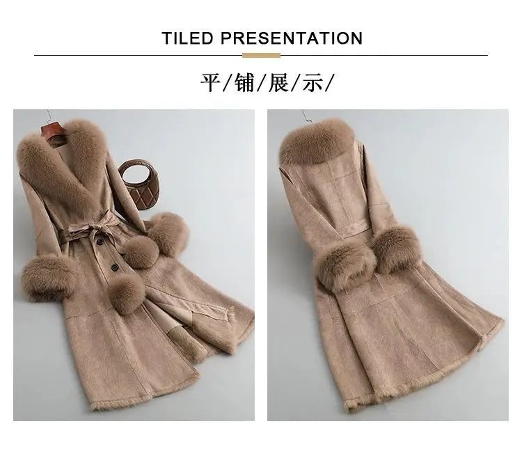 Women's Mid Length Rabbit Fur Fox Fur Collar Slim Fit Coat