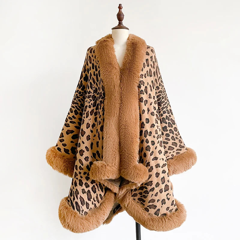 Women's Thick Warm Leopard Cloak Poncho Coat