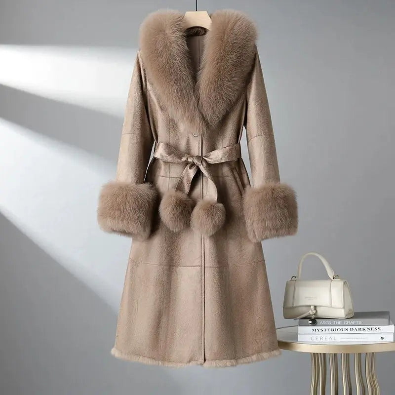 Women's Mid Length Rabbit Fur Fox Fur Collar Slim Fit Coat