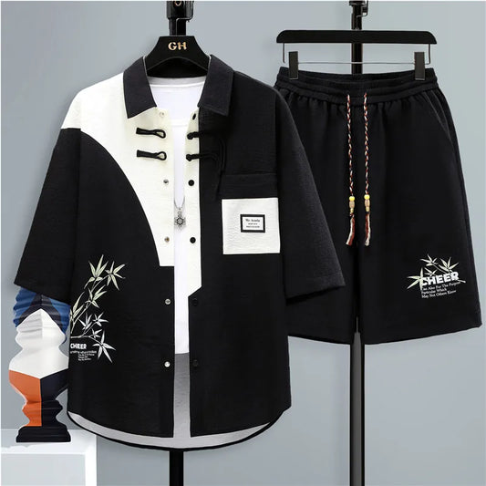 Men's 2Pcs Tracksuit Shirt Short Harajuku Set