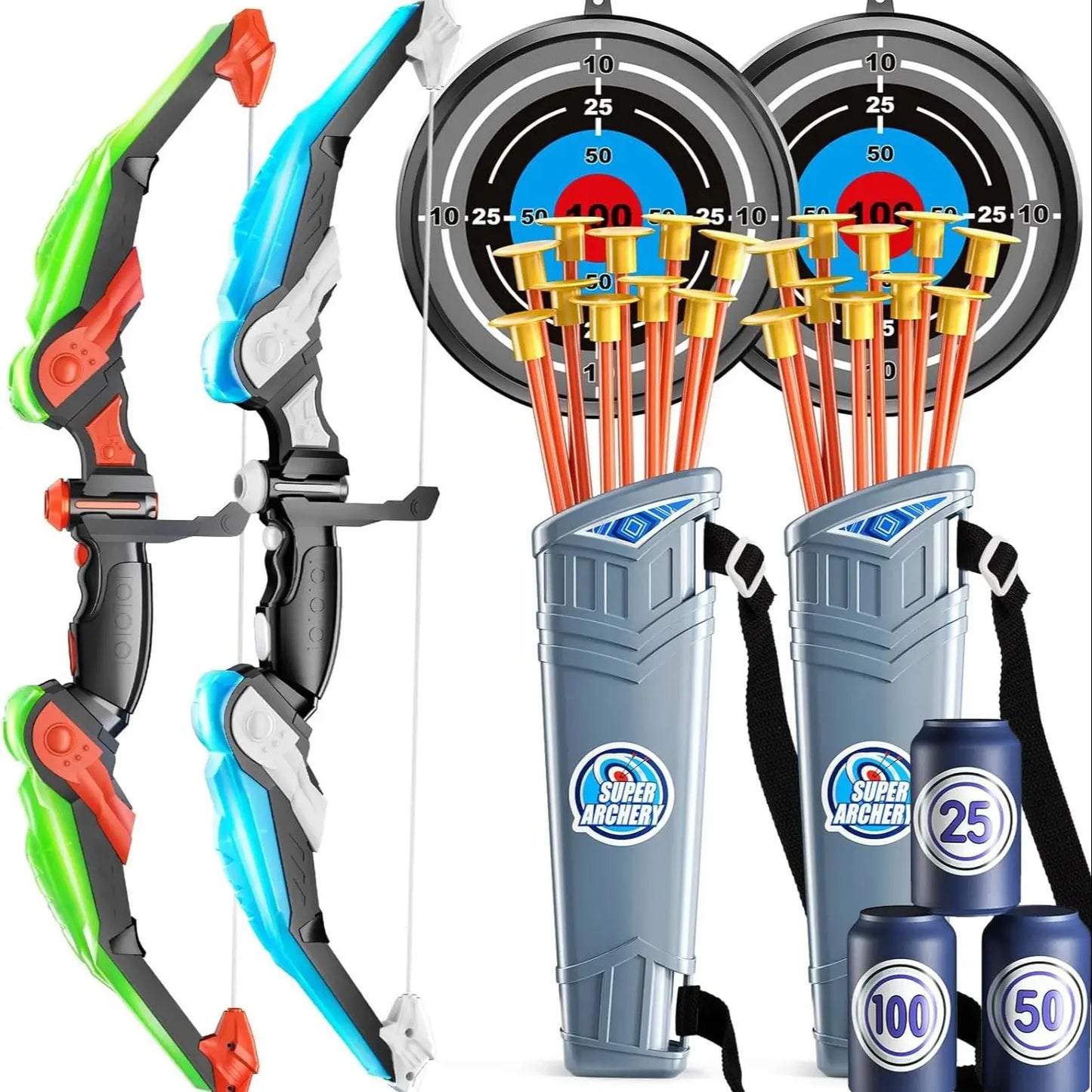 Kids LED Light Up Archery Bow 10 Suction Cup Arrows Set Toy