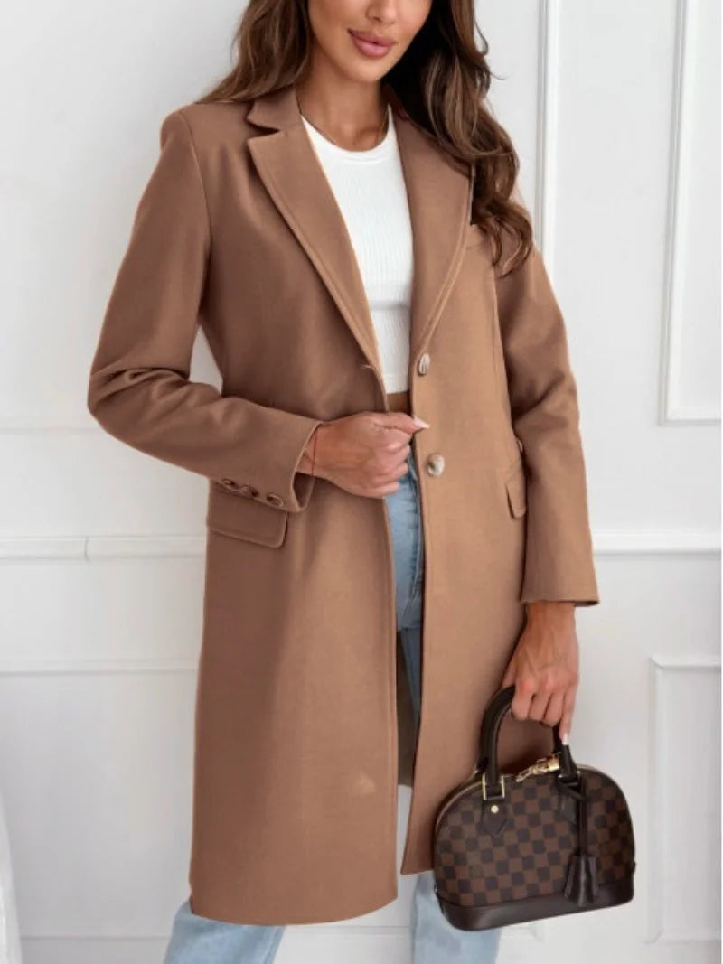 Women's Simple Medium And Long Button Tweed Coat