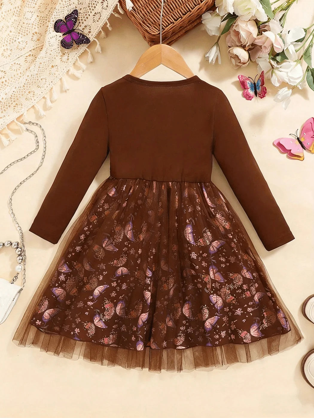 Girls Round Neck Long Sleeve Trumpet Skirt Knee Mesh Dress
