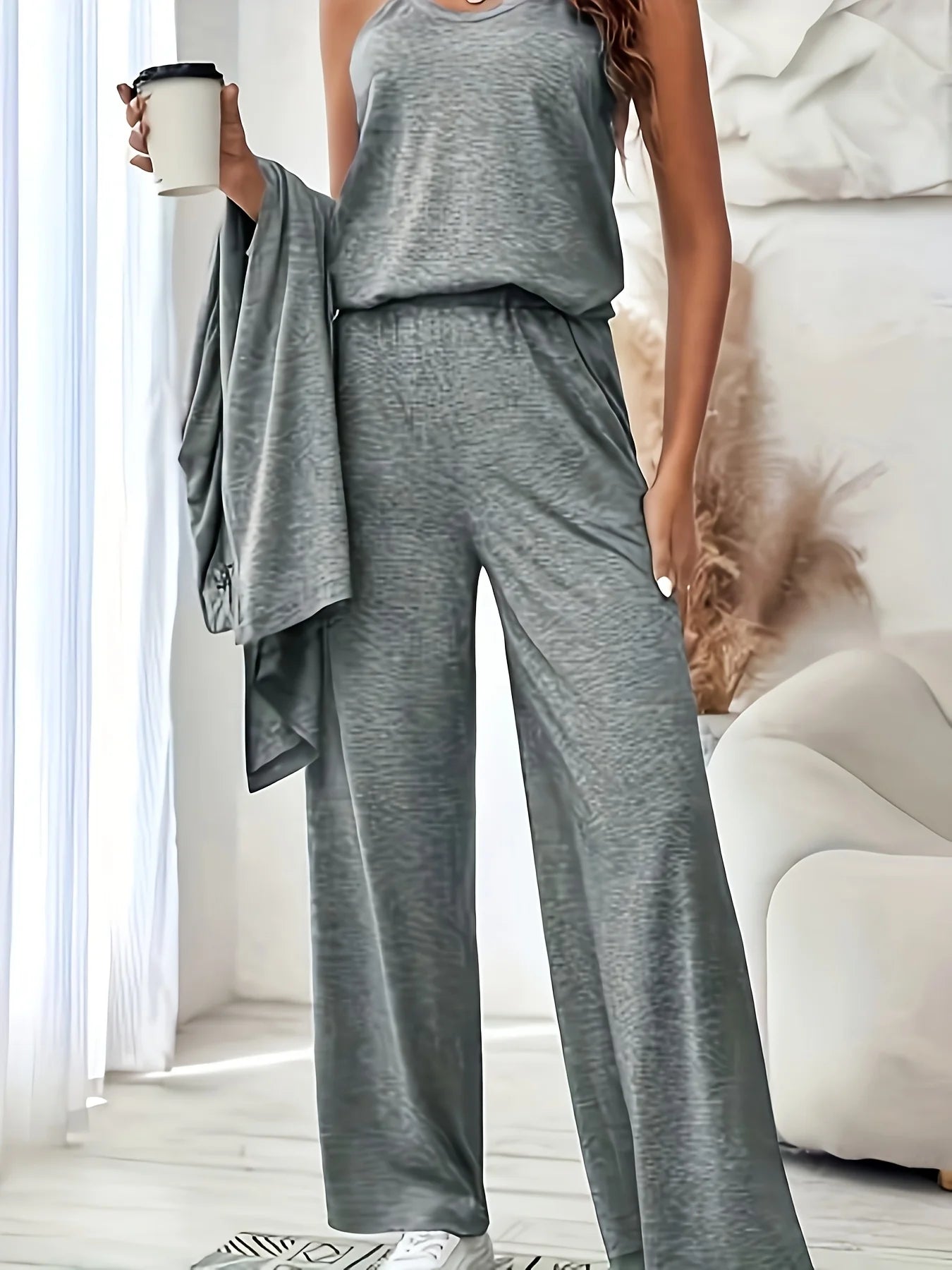 Women's 3Pcs knit Tank Cardigan Wide Leg Pants Loungewear Set