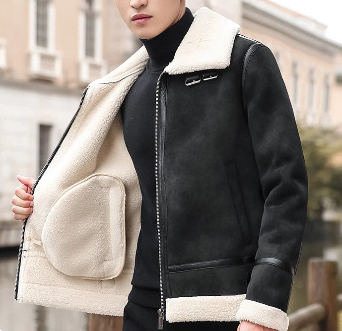 Men's Fur Collar Lamb Wool Comfort Leather Jacket