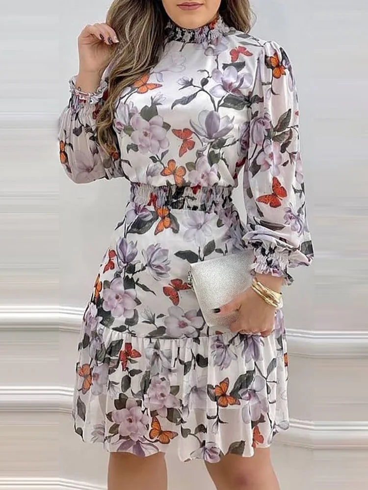 Women's Floral Print Lantern Sleeve Shirred Ruffles Midi Dress