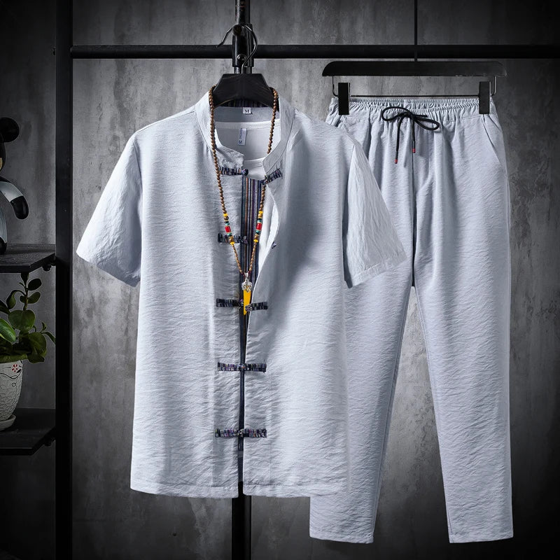 Men's 2PCs Cotton Linen Shirts Pants Set
