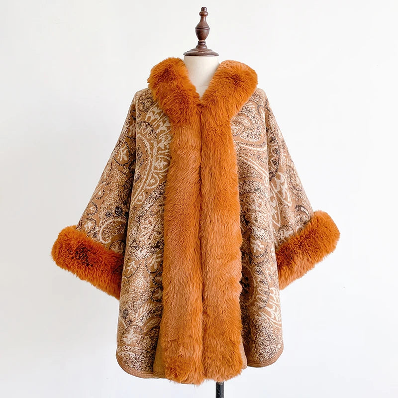 Women's Mink Wool Full Trims Faux Fur Hooded Fleece Wrap Cape