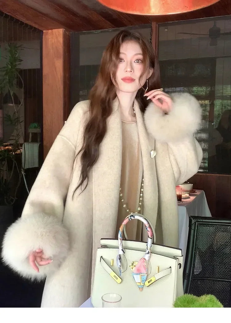 Women's Long Fur Woolen Double Sided Cashmere Coat
