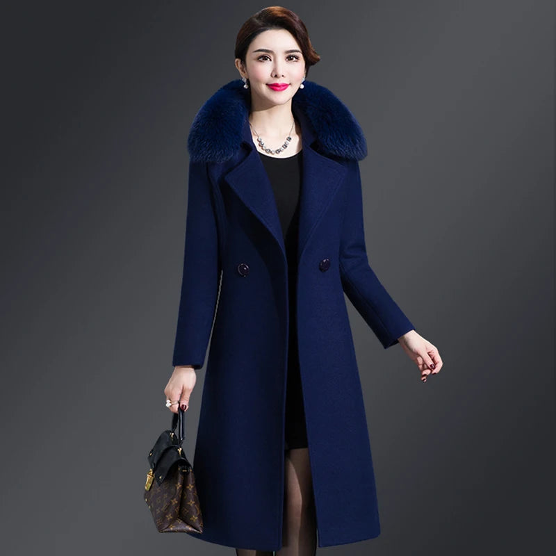 Women's Long Slim Fur Collar High Quality Coat