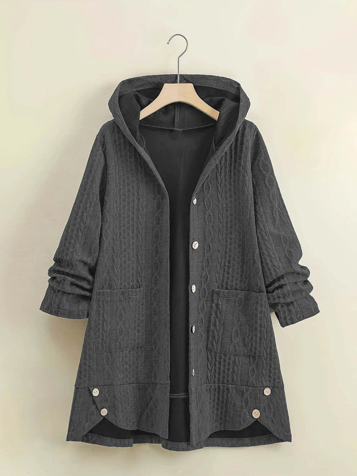 Women's Curvy Cable Knit Hooded Long Cardigan