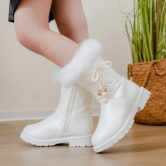 Girls Long Princess Fur Leather Snow Boots