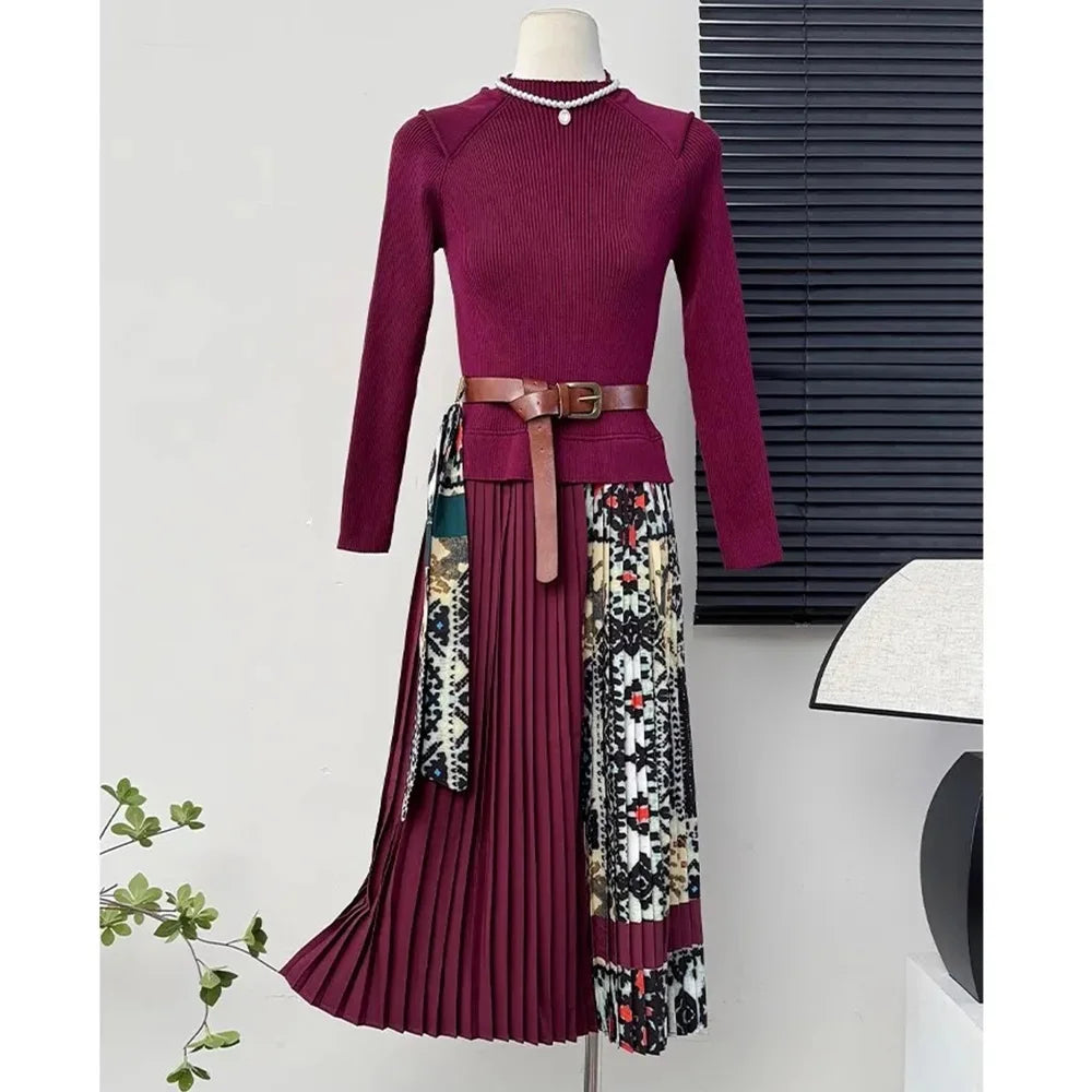 Women's Vintage Knitted A-Line Patchwork Turtleneck Dress