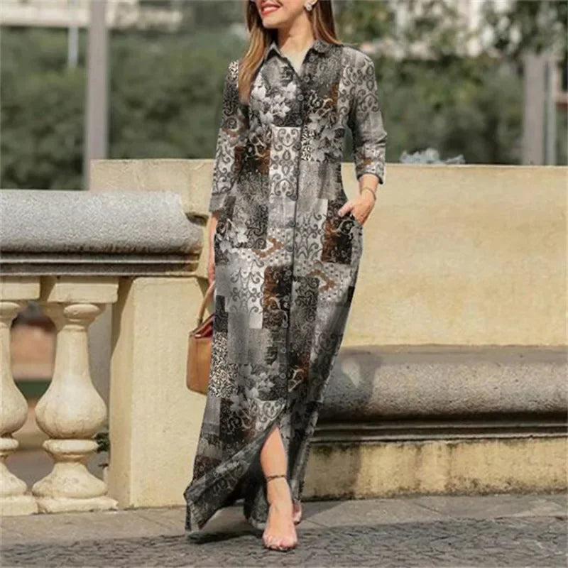 Women's Patchwork Printed Loose Long Lapel Buttons Dress