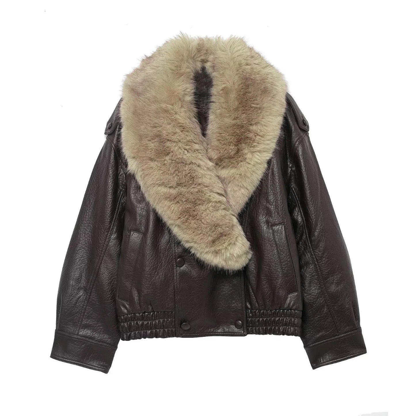 Women's Loose Faux Leather Big Fur Collar Causal Jacket