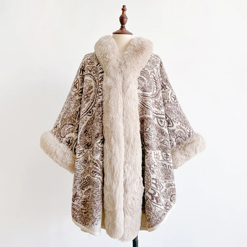 Women's Mink Wool Full Trims Faux Fur Hooded Fleece Wrap Cape