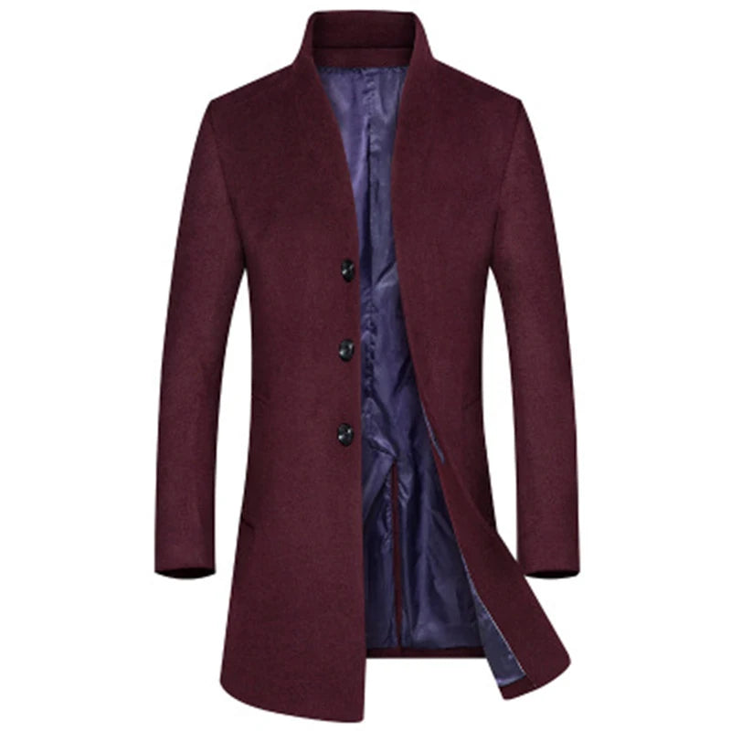 Men's Mid Long Solid Color Slim Wool Trench Coat