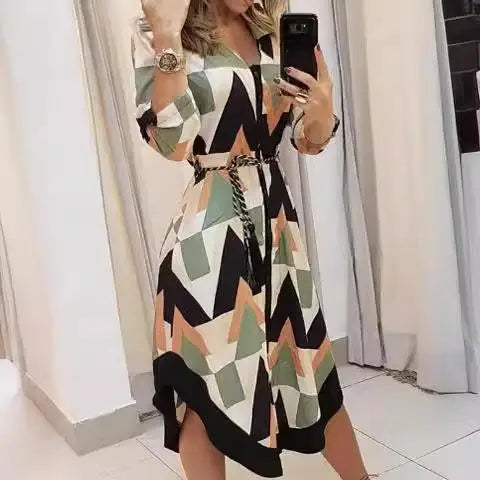 Women's Long Geometric Collar Elastic Waist Dress