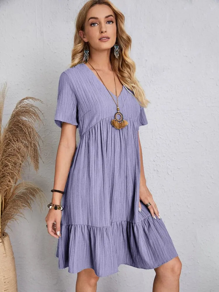 Women's Vintage Solid V-Neck High Waist A-Line Mini Dress