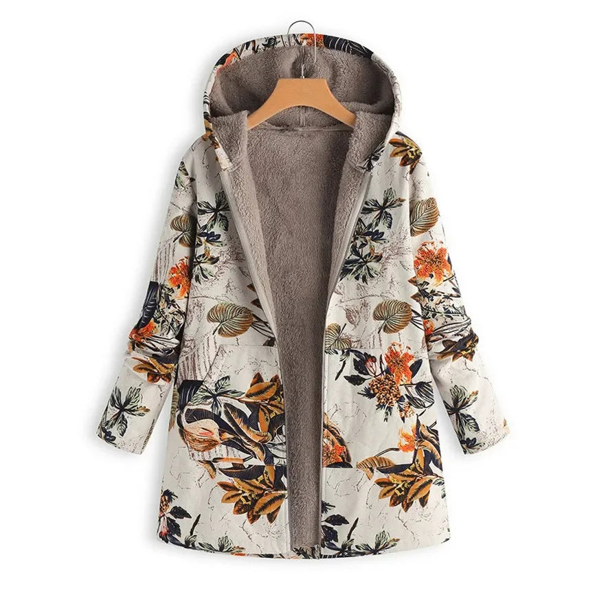 Women's Printed Hooded Long Sleeve Vintage Coat