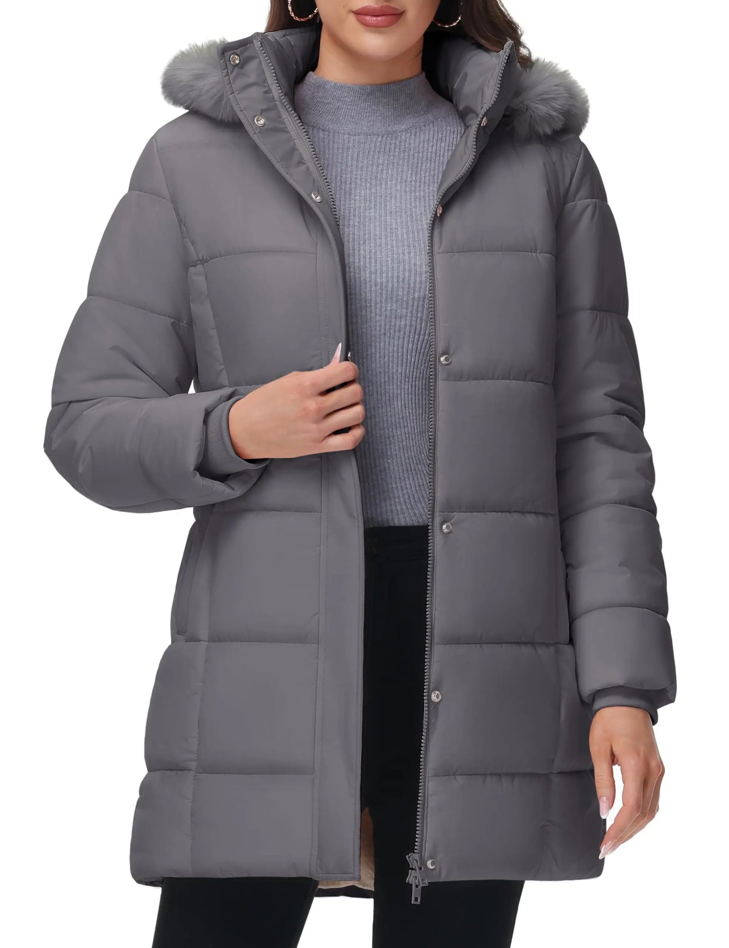 Women's Fleece Lined Ribbed Cuff Windproof Puffer Coat